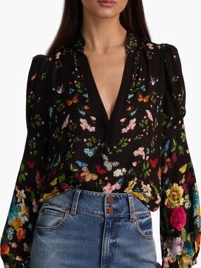 Alice + Olivia Black Floral & Butterfly V-Neck Blouse